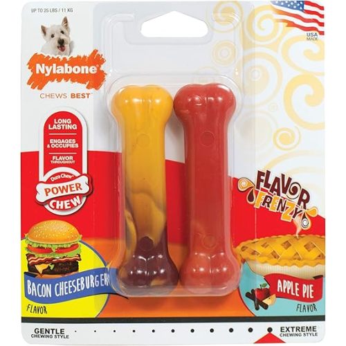 Nylabone Original Bone Power Chew Toy for Dogs, Durable Dog Toys for Aggressive Chewers, Flavor Frenzy Bacon Cheeseburger & Apple Pie Flavor, Small - Up to 25 Ibs, 2 Pack