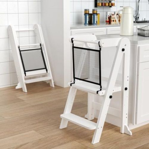 HOMLUX Foldable Toddler Kitchen Step Stool, 3 Adjustable Height Kitchen Stool with Safety Net for Kids Ages 1–6, White