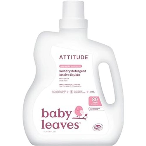 ATTITUDE Baby Laundry Detergent Liquid, EWG Verified, Safe for Baby Clothes, Infant and Newborn, Vegan and Naturally Derived Washing Soap, HE Compatible, Unscented, 80 Loads, 67.6 Fl Oz