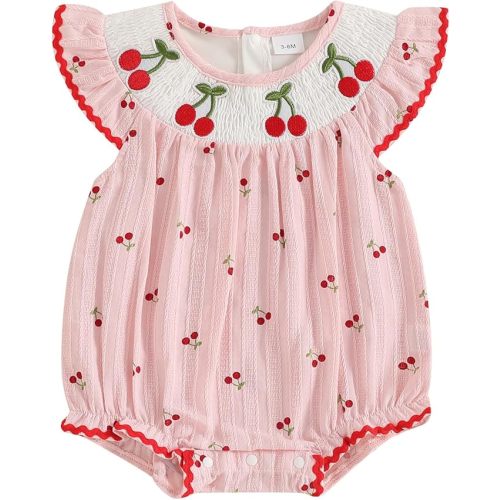 Ayalinggo Newborn Smocked Baby Girl Bubble Romper Sleeveless Ruffle Linen Bodysuit Infant Cherry Fruit Summer Outfit
