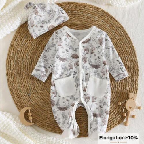 Newborn Romper + Hat 2pcs Set, Cute Mushroom, Squirrel, Leaf All-Over Print, Long Sleeve, Pocket Design Footie Jumpsuit With Hat, Infant Sleepwear | SHEIN USA