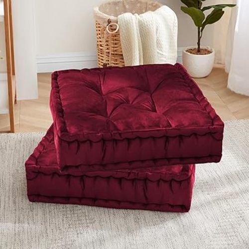 Sweet Home Collection Floor Pillow Large Square Tufted Decorative Cushion 20" x 20" Faux Velvet Fabric Ultra Thick Fill for Kids and Adults, 2 Pack, Burgundy Red