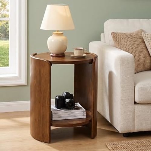 HNY Walnut 2-Tier Round Wood End Table with Storage Shelf