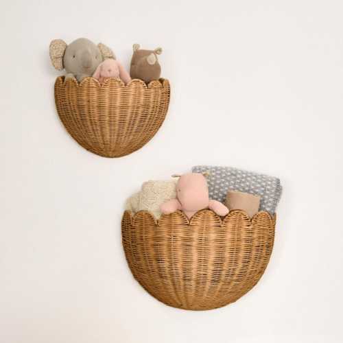 The Original Scalloped Wicker Wall Basket – Set of 2 – Handwoven Scalloped Wall Baskets (16 x 10 x 7 in), Woven Rattan Wall Hanging Baskets