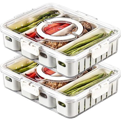 2Pack Divided Snackle Box with Lids Stackable Food Serving Tray for Fruit&Veggie Plastic Fridge Storage Container for Pantry Freezer Clear Snack Box for Meal Prep Candy Nuts Spice