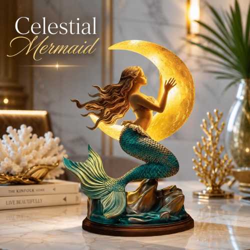 Mermaid Moon LED Night Light, Crescent Moon Table Lamp, Coastal Ocean Decor, Warm Bedroom Nursery Office Gift for Mermaid Lovers Home Decor