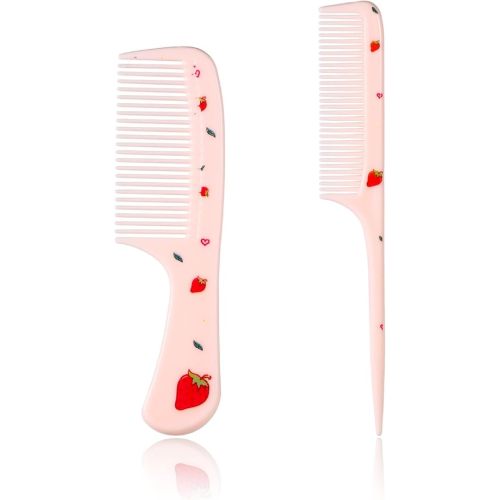 2pcs Cute Hair Comb Set, Pink Strawberry Baby Comb Fine Tooth Comb & Rat Tail Comb Toddler Tiny Hair Comb Small Girls Comb Plastic Mini Kids Comb Hair Parting Comb for Women Girls Kids All Hair Types