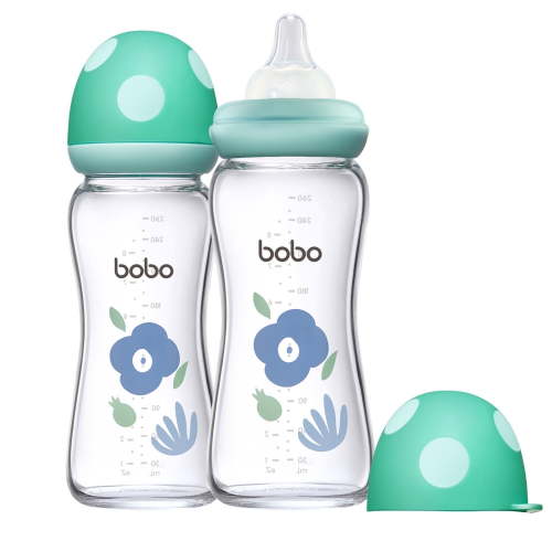 YOHKOH 8.8 oz/2Pk Glass Baby Bottles, Natural Response Nipple, Anti Colic, Vacuum-Free Feeding, Blue