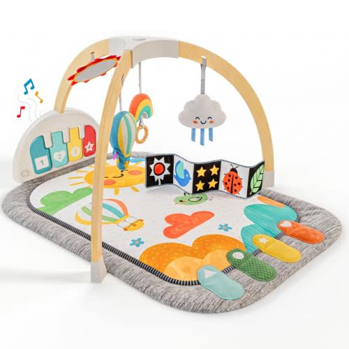 Little Acorn, Montessori Wooden Baby Gym with Kick & Play Musical Piano | 6 Accessories: Teether, Piano, Mirror, Book & Sensory Pad | Tummy Time Mat