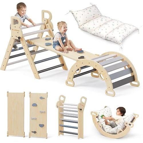 BlueWood Pikler Triangle Set with Cushion, Wooden Climbing Toys for Toddler