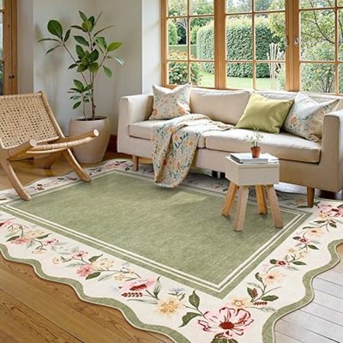 Lahome Floral Scalloped Rug 5x7, Green Rugs for Living Room Ultra-Thin, Vintage Boho Washable Area Rug 5x7 Soft Bedroom Rugs Non-Slip Throw Carpet for Farmhouse ‎Dining Room Playroom