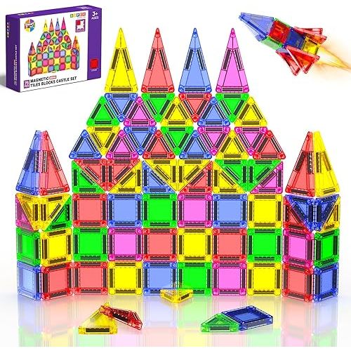 Mini Magnetic Tiles - 75 PCS Travel Magnetic Tiles, Micro Magnet Travel Toy for Kids Ages 3+, STEM Educational Building Set Construction Toys, Boys Girls Toddlers Birthdays Day Gifts