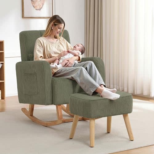 HCHAIRH Rocking Chair with Ottoman, Upholstered Glider Rocker with High Backrest and Side Pocket, Corduroy Comfy Reading Chair with Solid Wood Legs for Nursery, Living Room,Bedroom Olive Green