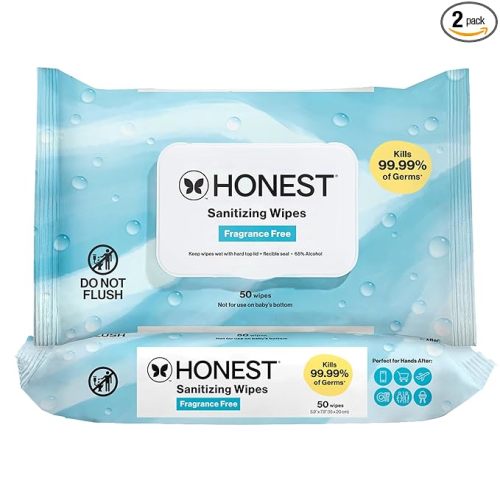 The Honest Company Fragrance-Free Sanitizing Alcohol Wipes, Antibacterial, Safe for Hands Kills 99% of Germs, Made With Aloe, 100 Count, (2 Packs 50)