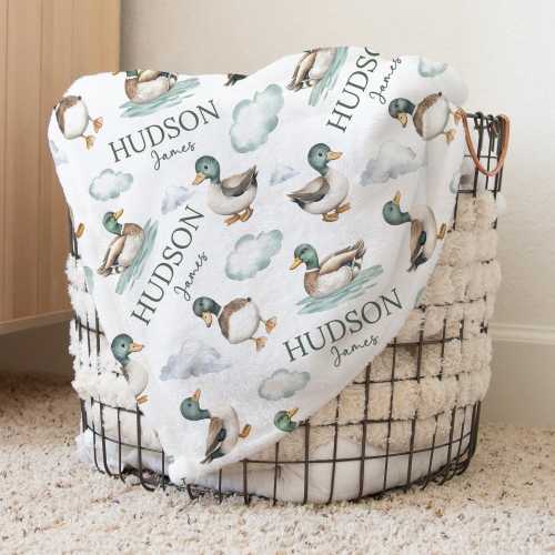 Custom Mallard Duck Nursery Baby Name Blanket, Personalized Hunting Swaddle Baby Shower Gift, New Mom Hospital Blanket, Newborn Gift