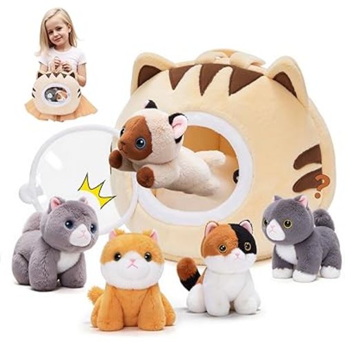 OUOZZZ Cat Stuffed Animal House – Plush Kitten Toy Set with 5 Soft Cats – Interactive & Travel-Friendly Kitties Carrier Playset for Toddlers & Kids – Huggable, Portable Birthday Gift for Baby Girls