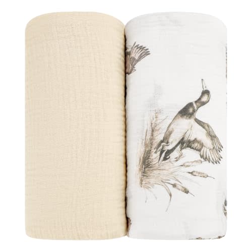 Muslin Swaddle Blankets for Girls Boys 2 Pack, Duck & Beige | Soft & Breathable 100% Cotton Receiving Baby Blanket 40"x38"
