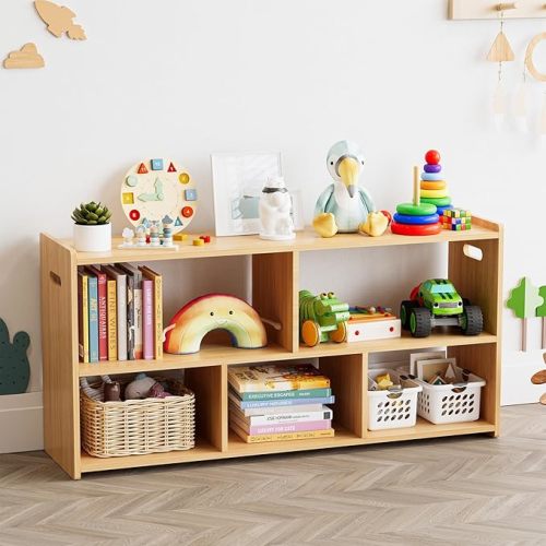 SpaceAid 5-Compartment Bookshelf, Montessori Bookcase for Toddlers, Wooden Book Shelf Organizer Storage Furniture for Kids Rooms, Playroom, Nursery and Classroom, 44.5“ Wide, Natural