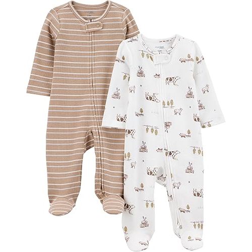 Simple Joys by Carter's Neutral 2-way Zip Thermal Footed Sleep and Play, Pack of 2, Brown Farm, 0-3M