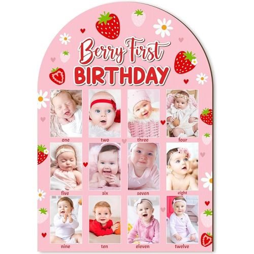 R HORSE 3D Berry First Birthday Wood Photo Display Board, Pink Strawberry Baby's First Year Picture Frame, 1-12 Months Milestone Board Birthday Decorations Keepsake Gift for Baby Girls Nursery Decor