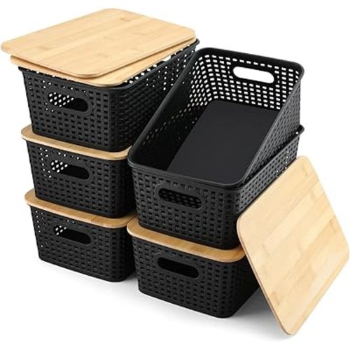 Storage Bins with Lids 6 Pack, Plastic Storage Bins with Bamboo Lids for Pantry Organization and Storage Containers for Shelves Drawers Desktop Closet Playroom Classroom Office Home, Black