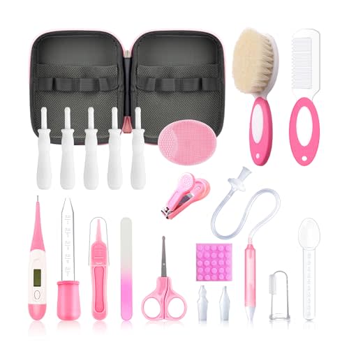 Baby Healthcare and Grooming Kit, 21 in 1 Portable Baby Essentials Kit with Gas Relief Hair Brush Comb Nasal Aspirator for Newborn Boys Girls (Pink)