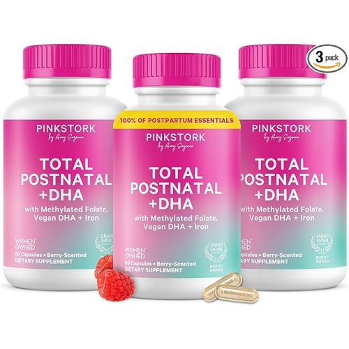 Pink Stork Total Postnatal Vitamins for Women with Vegan DHA, Iron, Folate, and Vitamin B12, Postpartum Recovery Essentials, Daily Supplement for Breastfeeding Moms - 3 Month Supply