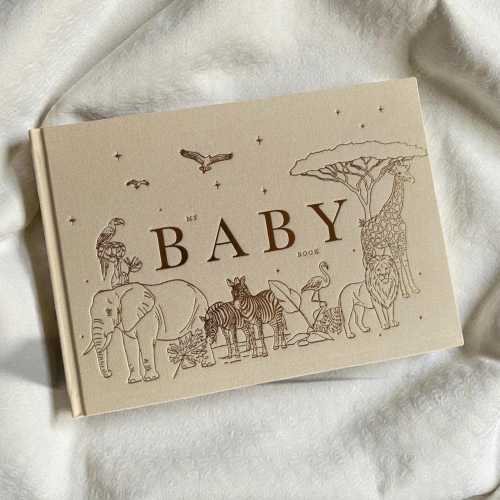 Luxury Linen Baby Memory Book | Gold Foil Golden Safari, Keepsake Journal with matching gift box