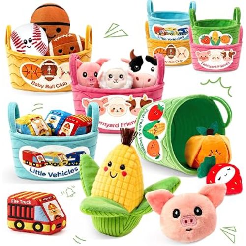 Baby Sensory Toys 6-12 Months 16Pcs 4-Themed Plush Sorting Set with Storage Baskets Crinkle Rattle Montessori Sorting Play for 12-18 Months Toddler Baby Shower Gift for 1 Year Old Boy Girl