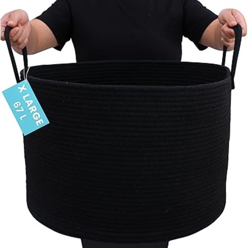 OrganiHaus Large Woven Storage Basket for Blankets and Toys 20" x 13" Inch, Rope Laundry Basket with Handles, Cushions & Pillows Storage Bin, Nursery Hamper, Soft Round Dog Toy Bin - Black