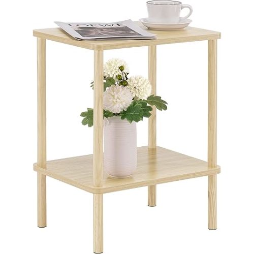 Apicizon 2 Tier End Table, Small Side Table with Solid Wood Legs, Boho Bedside Table with Storage Shelf, Nightstand for Small Spaces, Bedroom, Living Room, Entryway, Easy Assembly, Light Natural