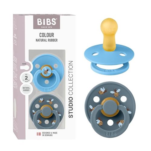 BIBS Studio Soother 2-Pack, BPA Free Dummy Pacifier, Round Nipple. Natural Rubber Latex, Made in Denmark, Size 2 (6-18 Months), Breeze/Petrol