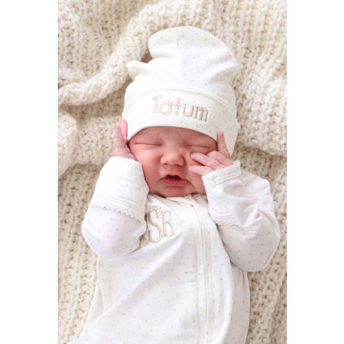 Picot Trim Bamboo Zipper Footie in Baby Taupe | Caden Lane