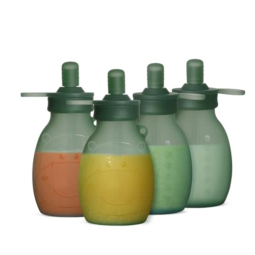 haakaa Silicone Hippo Pouch – Reusable Pouches for Toddlers, Reusable Baby Food Pouches with Wide Neck for Easy Fill & Clean, Perfect for Purees & Smoothies, 9oz, 4 Pack, (Pea Green)