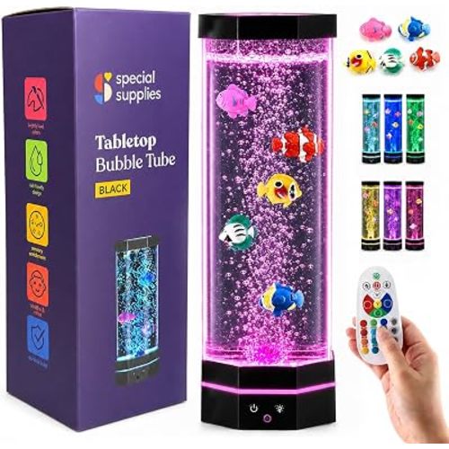 Special Supplies Aquarium Sensory Fish Bubble Light Tube with 16 LED Color Changing Nightlight Effect, Remote Control, and 5 Fish, Colorful Desk Standing Lamp