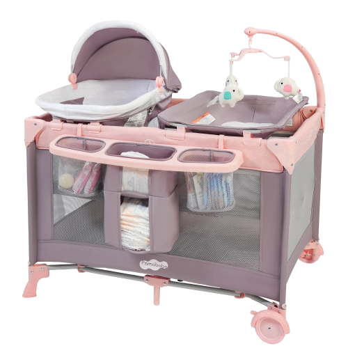 Pamo Babe Nursery Center Playard with Bassinet & Changing Table for Newborn,4-Panels Playpen