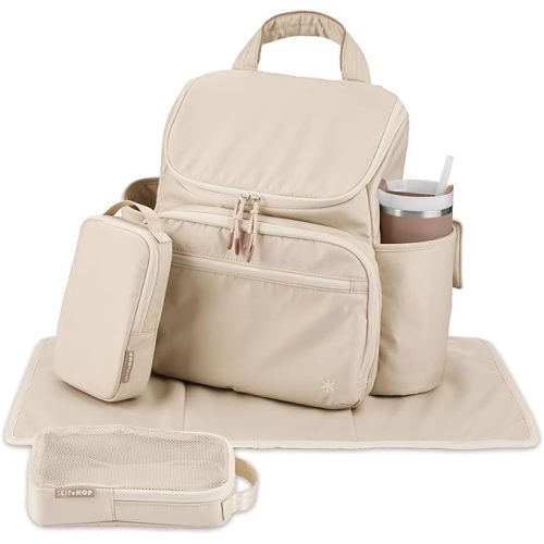 Skip Hop Diaper Bag Backpack with Portable Changing Pad Adjustable Pocket for 30 oz. Tumblers 9 Total Pockets Insulated Packing Cubes Luggage Sleeve & Stroller Straps Fits a 14” Laptop Forma Next Oat