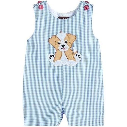 Lil cactus Baby Boys Blue Pinstripe Puppy Applique Shortalls