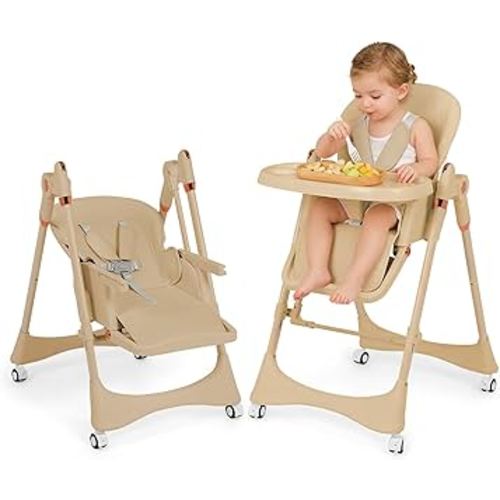 6-in-1 Baby High Chair with Soothing Rocker | Baby High Chair for Infants & Toddlers | Easy Clean, Space Saving Design | Adjustable, Removable Tray, Easy Assembly (Brown)