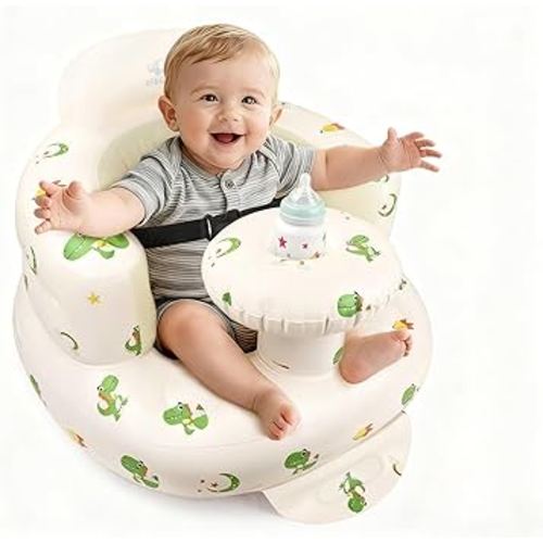 BEBOAN Inflatable Baby Seat with Tray for 3 Months Up Baby, Portable Upseat Baby Chair with Safety Strap for Sitting Up, Foldable Blow Up Infant Seat with Built-in Air Pump (Green Dinosaur)