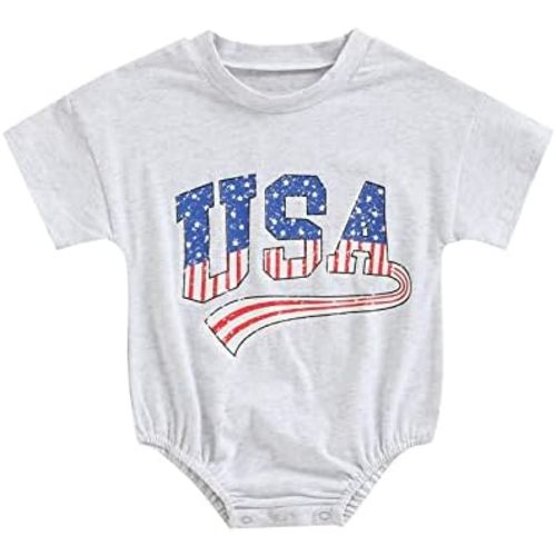 Baby 4th of July Outfits Newborn Short Sleeve Sweatshirt Jumpsuit American Flag Romper for Boys Girls 0-24M
