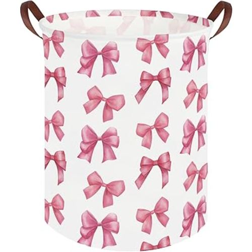 Bow laundry basket for girls,Nursery Hamper,Pink Laundry Hamper,Waterproof collapsible canvas laundry basket for girls,Pink Girls Laundry Basket,Living Room Decor(Bowknot)