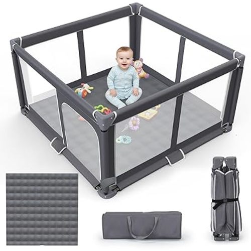 Foldable Baby Playpen with Mat, 50"x50" Safety Play Yard for Babies & Toddlers - Indoor & Outdoor Use with Carry Bag - Collapsible, Portable Play Yard, Dark Gray