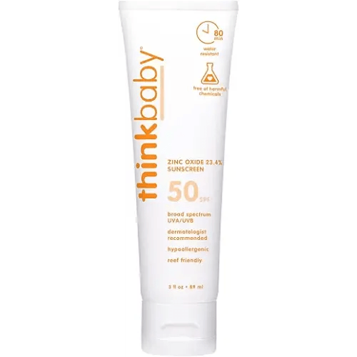 Thinkbaby SPF 50+ Baby Sunscreen, 3 Oz. – Safe, Natural Mineral Sun Cream for Babies - Water Resistant, Broad Spectrum UVA/UVB Sun Protection – Vegan Sunscreen for Kids