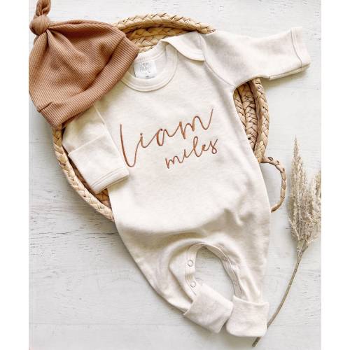 Personalized oatmeal vintage stitch romper with hat, custom baby boy coming home outfit, baby shower gift tan fall baby boy outfit