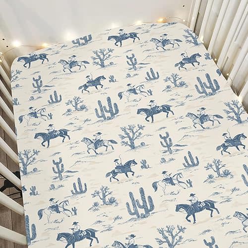 Vintage Western Cowboy Baby Crib Sheets, Standard Size (28x52 inches), Polyester, Brown, Beige, Tan, Cartoon Pattern, 9 Inch Deep Pocket, 300 Thread Count, Machine Washable