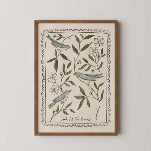 Bible Verse Wall Art, Look at the Birds Folk Art Print, Christian Bird Art Decor