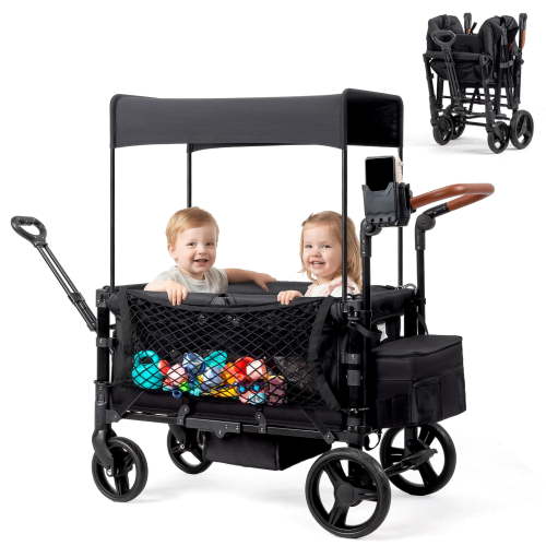 UBesGoo Wagon Stroller for 2 Kids, Low Seat & Deep Footwell, Foldable All-Terrain Wagon with 5 Point Harness, Canopy, Adjustable Handlebar, Storage Net, Cup and Phone Holder, Black