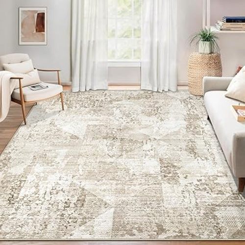 Area Rug for Living Room 6x9: Large Washable Boho Moroccan Rugs Geometric Neutral Rug, Non-Slip Foldable Morden Farmhouse Indoor Floor Carpet for Bedroom Dining Table Home(Neutral Beige, 6'X9')