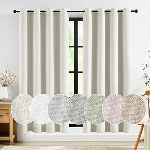 Jubilantex Ivory Linen Blackout Curtains Full Blackout 63 Inches Long for Bedroom Living Room Thermal Insulated Linen Textured Room Darkening Curtains Grommet Top 52" Wide
